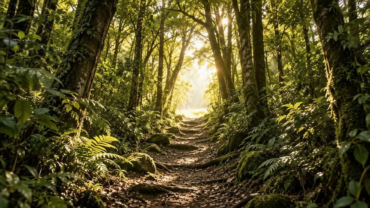 Camino de bosque con las ramas entrelazadas por encima.