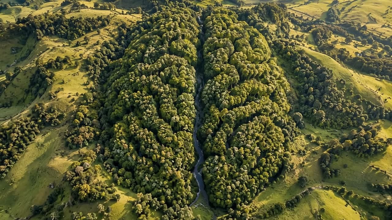 Vista aérea de un bosque con forma de cerebro entre colinas verdes.
